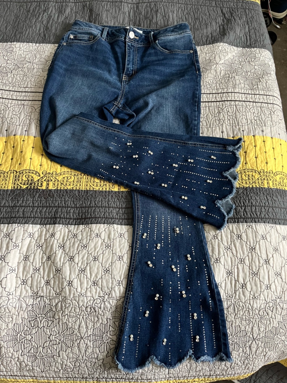 Pearl & Rhinestone Embellished Dark Blue Flare Jeans - Picture 2 of 8